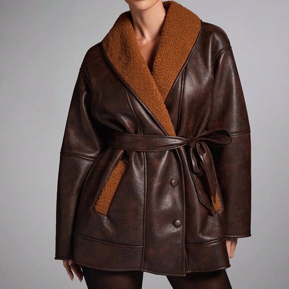 Coffee Brown Casual Women's Shawl Collar Faux Fur Jacket - Picture 3 of 9